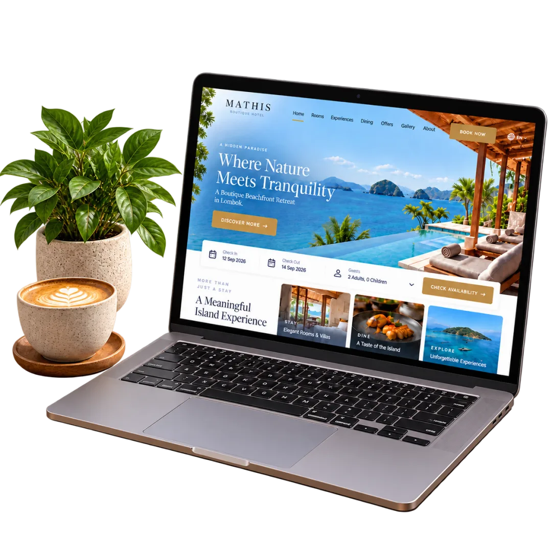 The finished hotel website open on a laptop on a wooden desk, with a coffee, notebook and an ocean view behind it